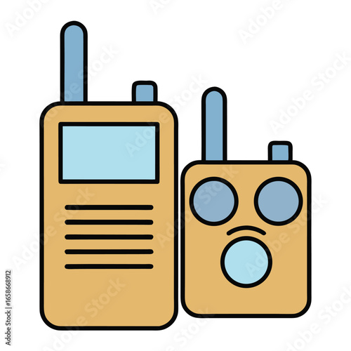 Two cartoon walkie talkies with blue antennas and screens on a white background radio communication