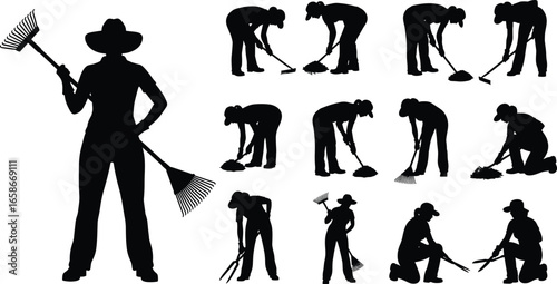 Gardener silhouettes set, woman farming poses, agricultural worker with rake, farmer gardening tools, landscaping illustration, farming vector pack, outdoor work