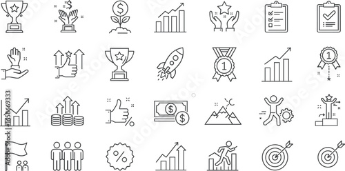 Business achievement icons, growth chart, financial profit, award trophy, career success, leadership medal, startup rocket, motivation symbol, teamwork goal, target strategy