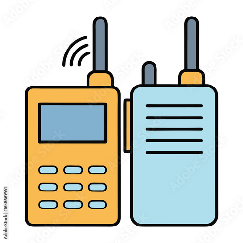 Two colorful walkie talkies with antennas and buttons on a white background radio communication