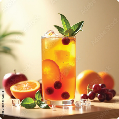 glass of juice with fruits vector