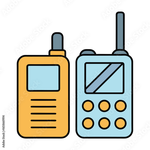 Two colorful walkie talkies with antennas and screens on a white background radio communication