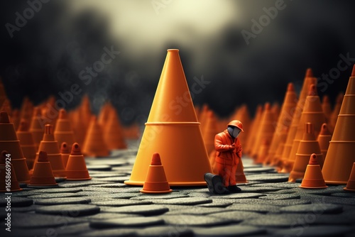 A traffic cone, with miniature worker. digital art illustration.