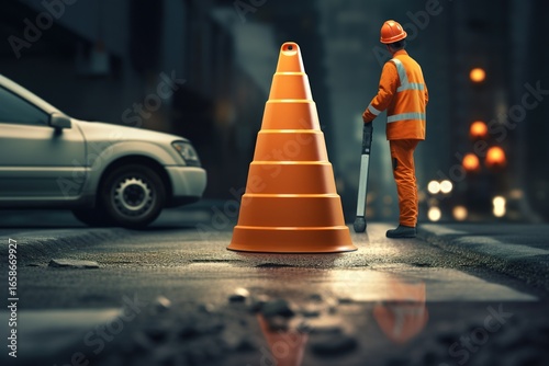 A traffic cone, with miniature worker. digital art illustration.