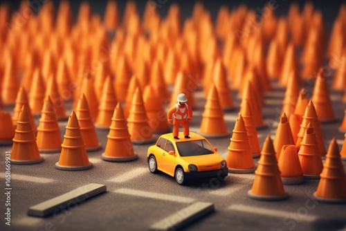 A traffic cone, with miniature worker. digital art illustration.