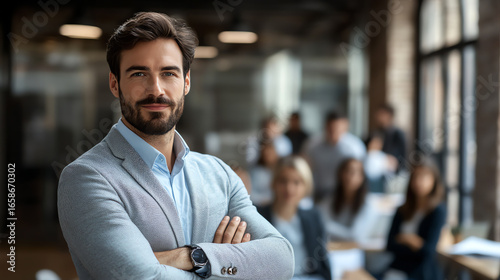Confident businessman standing with arms crossed in an office meeting environment.