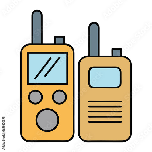 Two yellow walkie talkies with blue screens and grey antennas on a white background radio communication