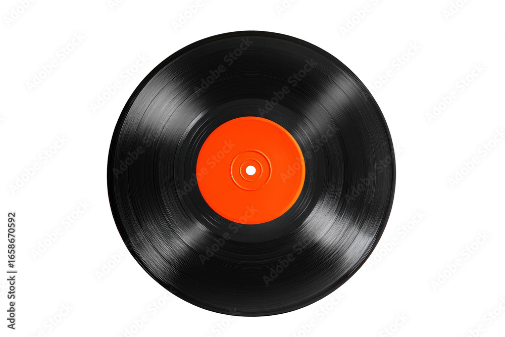 Obraz premium Close-up of a black vinyl record with an orange center
