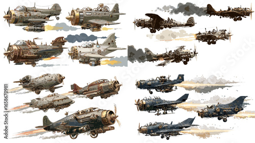 Dynamic scene of steampunk fighter aircraft flying through clouds with smoke trails. Retro mechanical aviation art blending fantasy and industrial technology.