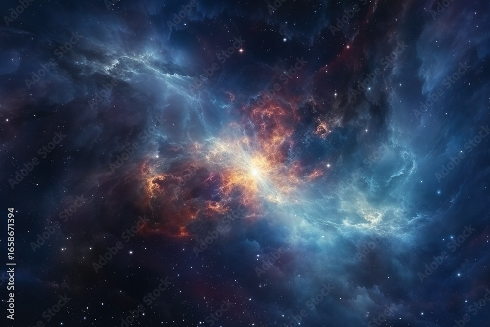 Fototapeta premium Birth of a star in space during a nebula explosion. Nuclear fusion of cosmic clouds. Universe background