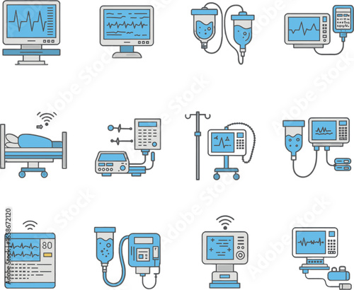 Vector art of set of hospital medical equipment icons for patient monitoring