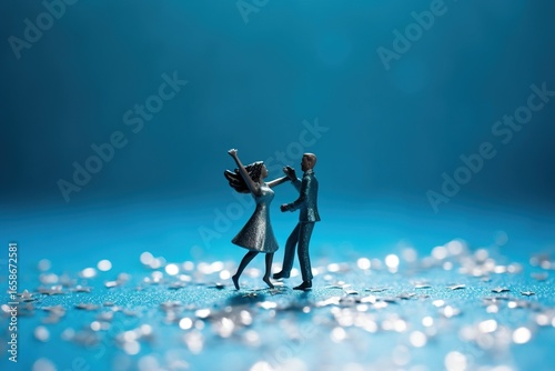 Miniature people , Couple dancing on blue glitter background , Valentine's day concept