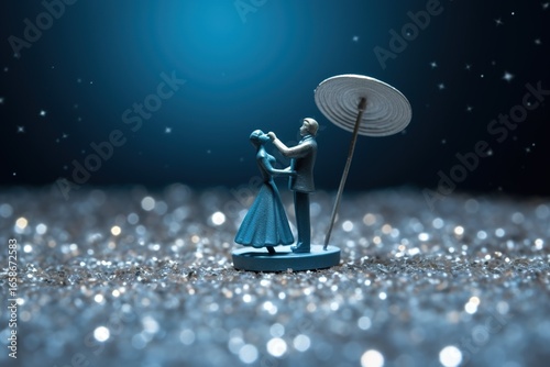 Miniature people , Couple dancing on blue glitter background , Valentine's day concept