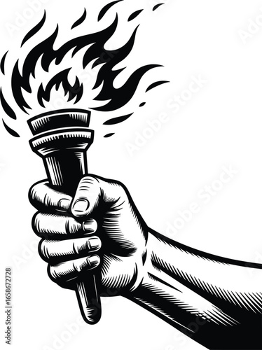 Hand Holding Torch Illustration, Flame Fire Symbol Vector Art.