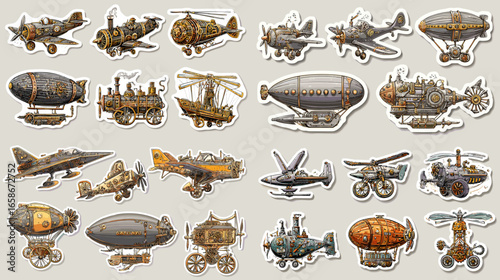 Collection of vintage steampunk vehicle stickers featuring airships, zeppelins, and mechanical inventions in brass and copper tones. Perfect for retro fantasy designs.
