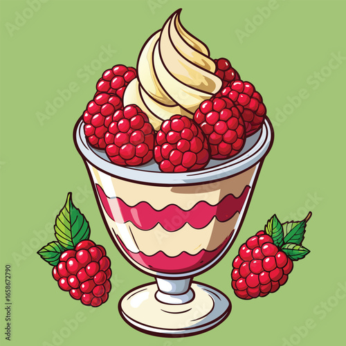 Cartoon dessert glass with raspberries and whipped cream
