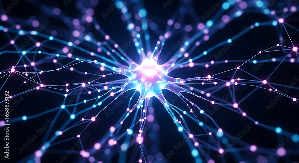 Fototapeta premium Illustration of a neuron with glowing nodes and connections representing artificial intelligence