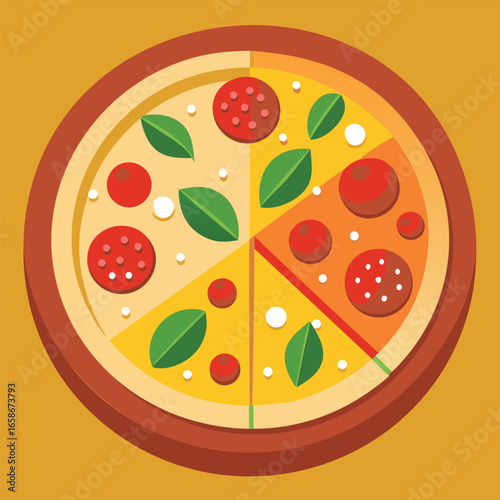 Flat lay of a pizza with various toppings