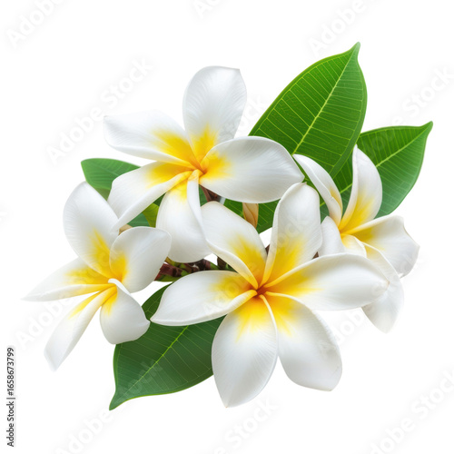 Fresh frangipani blossoms with green leaves, tropical floral arrangement