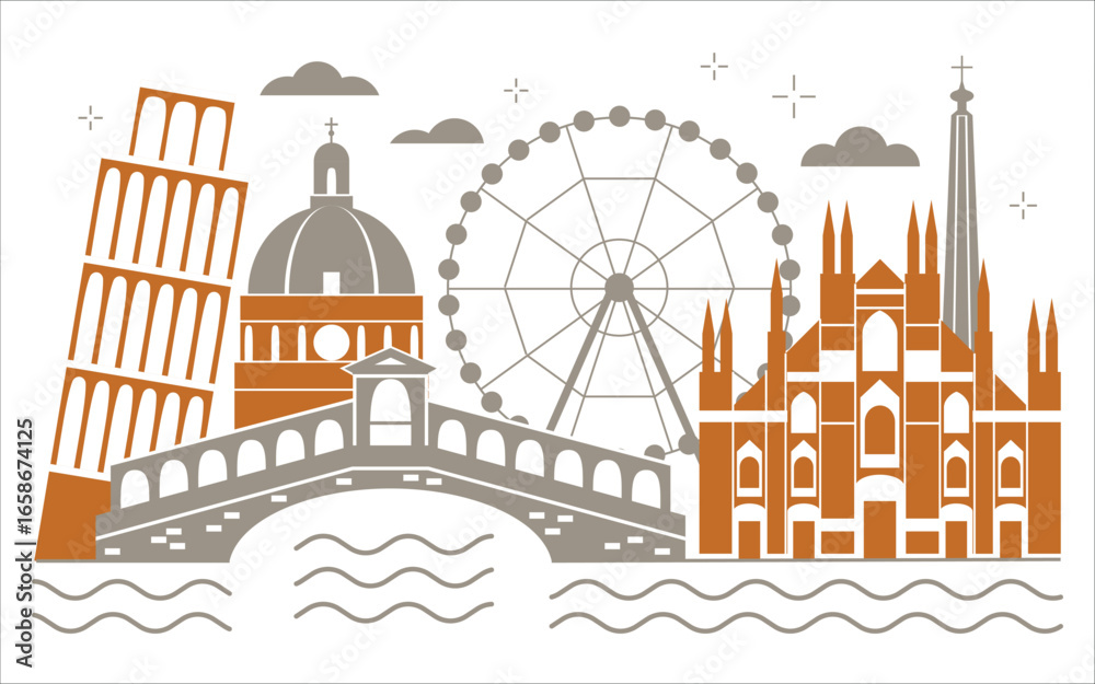 Naklejka premium Italy Travel Poster with Architectural Landmarks