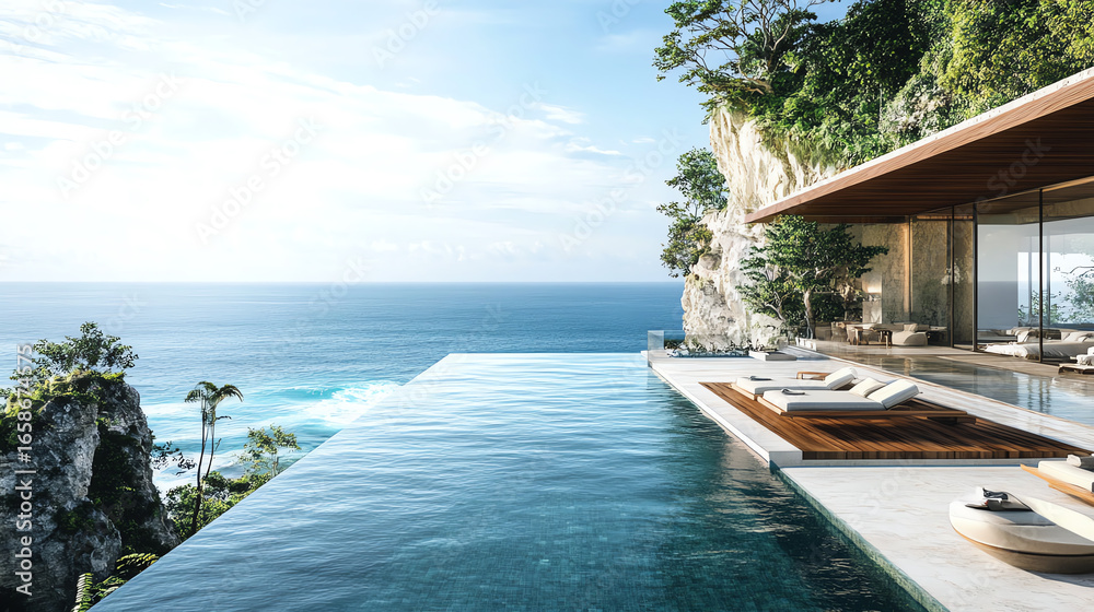Fototapeta premium Stunning modern villa with infinity pool overlooking the serene ocean and lush greenery.