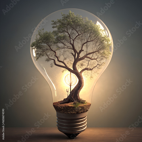 Tree Growing Inside Lightbulb Eco Concept of Green Energy and Sustainability