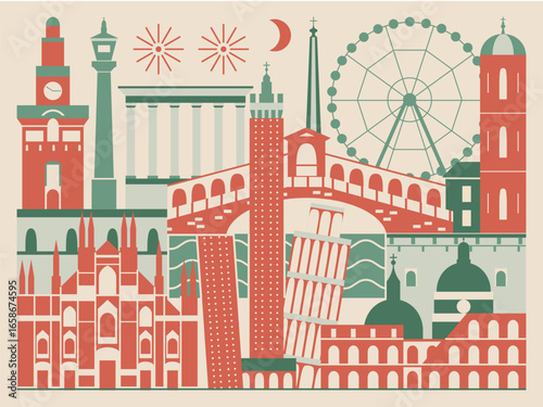 Italy Travel Poster with Architectural Landmarks