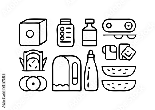 Supermarket line icon set. Group of object. Bread, milk, egg, honey, alcohol, cheese, detergent, wheat, toilet paper, technology.icons
