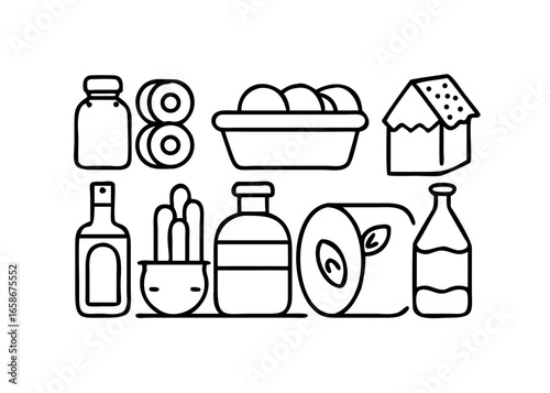 Supermarket line icon set. Group of object. Bread, milk, egg, honey, alcohol, cheese, detergent, wheat, toilet paper, technology.icons
