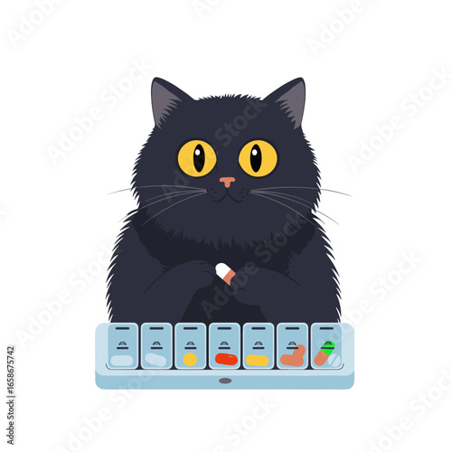 Black cat holding a pill in front of a weekly medication organizer