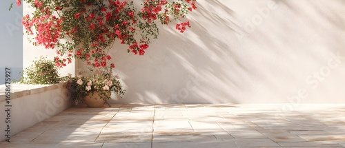 Mediterranean Patio with Vibrant Red Bougainvillea, Sunlit Stone Floor, and Textured White Wall in Summer Sun