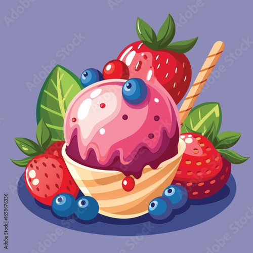 Cartoon illustration of a berry ice cream sundae