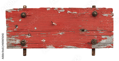Worn, horizontal, red wooden sign.  Peeling paint,  light gray wood showing through in places,  rustic,  old,  with  small  metal  bolts