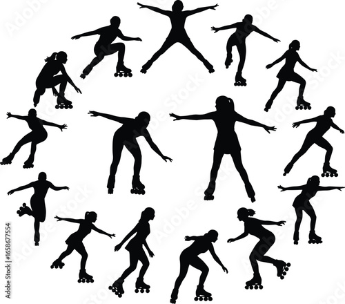 Roller skating silhouettes set, female skater poses collection, inline skating illustration, fitness activity, outdoor sport clipart, skating motion pack