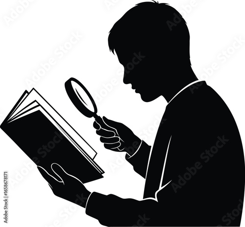 Silhouette of a person reading a book with a magnifying glass, , symbolizing research, study, and pursuit of knowledge in a detailed and focused manner