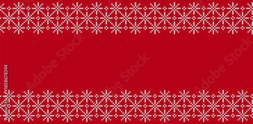Christmas seamless background. Holiday fair traditional ornament. Knitted Xmas sweater texture. Festive print with snowflakes. Knit winter red pattern. Vector illustration.
