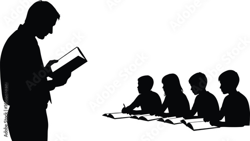 A teacher reading to students in a classroom, children are sitting at desks and listening, suitable for education and learning