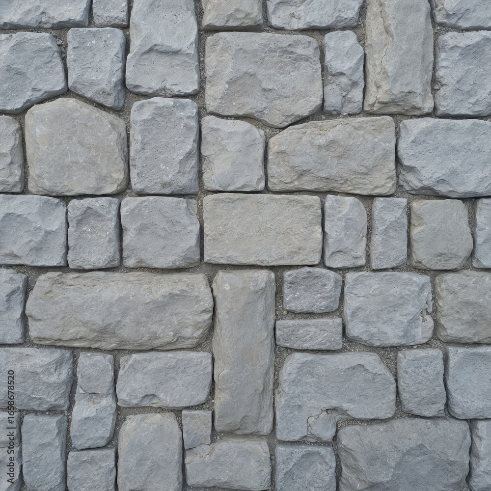 Fototapeta premium Irregular gray stones form rustic, textured pavement wall surface. Natural stone blocks with cobbled appearance create seamless pattern, ideal for architectural landscaping, garden pathways,