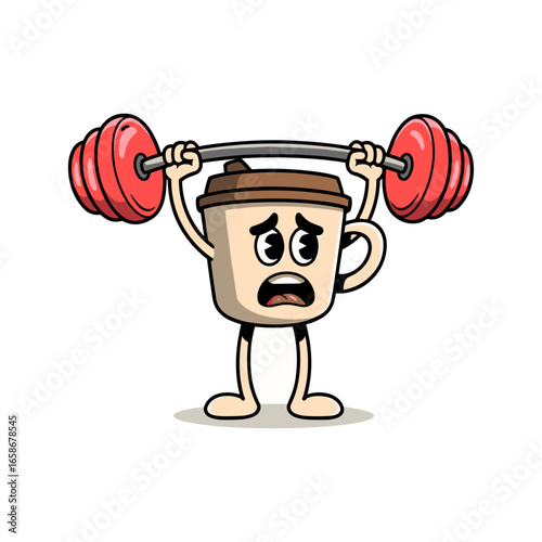 Cartoon Coffee Cup Lifting Weights Vector