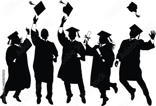 Silhouette of group of graduating students throwing their caps in air in celebration, they are wearing graduation gowns and caps, happy and successful
