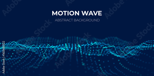 Dynamic blue particle wave. Abstract sound visualization. Flow digital structure. Mesh landscape or grid data technology.