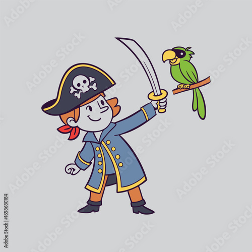 Child pirate with parrot and sword enthusiastic adventure playful childhood discovery nautical theme vector