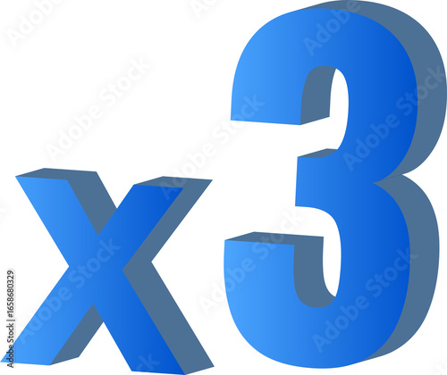 Gradient blue 3D x3 multiplier symbol isolated on transparent background