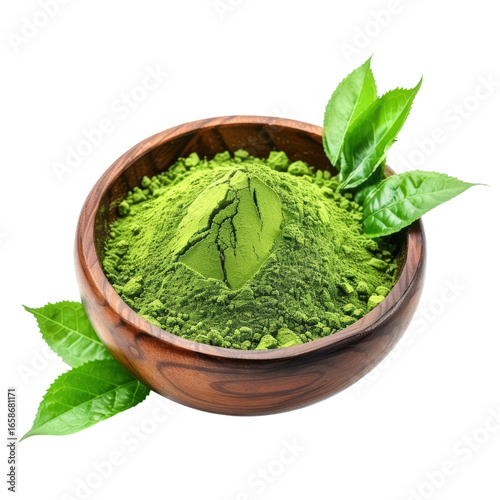 Vibrant matcha powder in wooden bowl with green leaves, healthy lifestyle