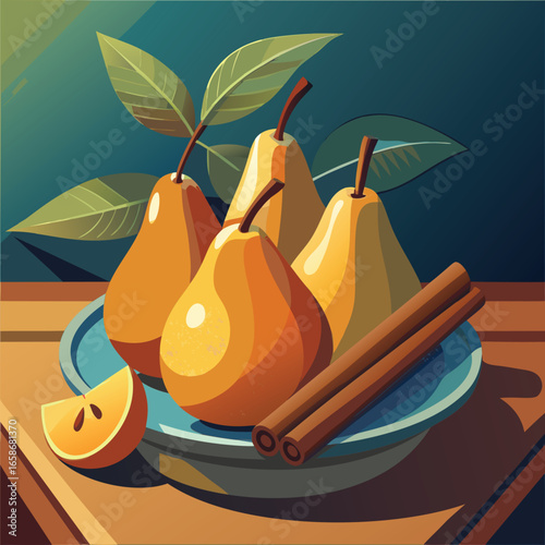 Still life of pears and cinnamon sticks on a plate