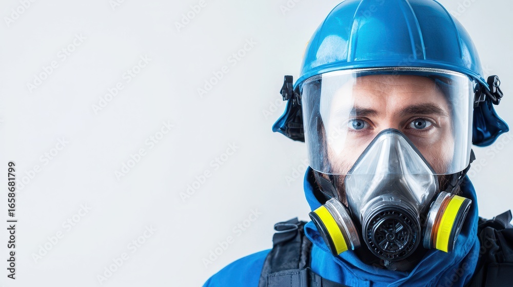 Protective gear safety helmet respirator mask firefighter uniform emergency response industrial safety blue color male worker close up serious Protective gear safety helmet respirator mask firefighter uniform emergency response industrial safety blue color male worker close up serious