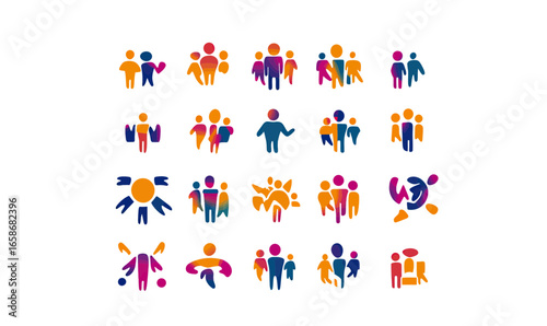 Colorful community and teamwork icons set featuring people collaboration, partnership, group support, unity, leadership concepts flat vector design collection