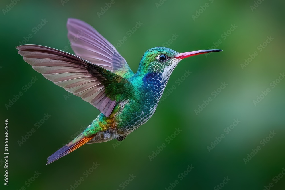 Obraz premium Colorful hummingbird hovering in green forest habitat, displaying intricate feathers and vibrant colors against lush foliage background during daylight hours