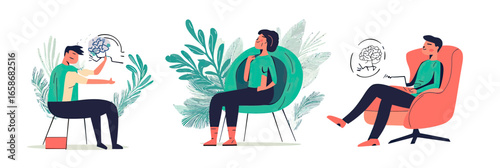 Vector illustration of psychotherapy session with patient and therapist discussing mental health and brain activity in modern minimalist style