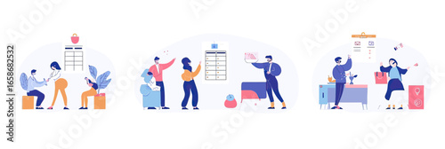 Team collaboration business people discussing strategy presenting task checklist schedule planning organizing modern flat vector illustration set with charts and devices